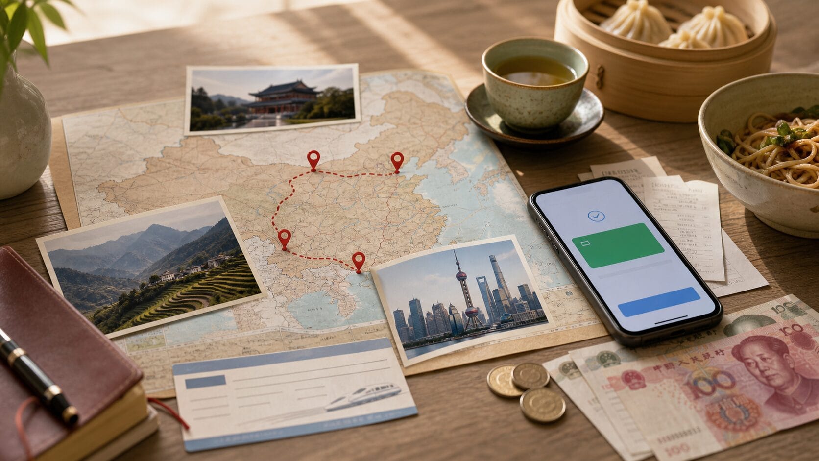 China travel budget planning with RMB, route map, mobile payment, train ticket, tea, and local food