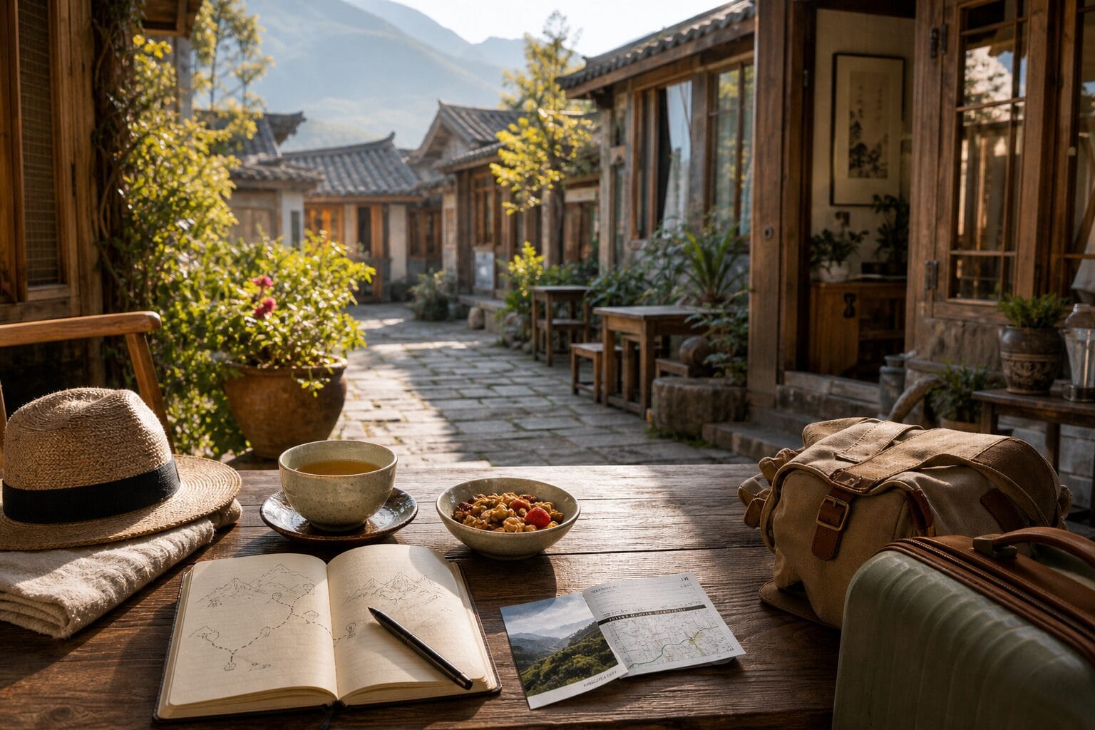 Yunnan slow travel budget with courtyard guesthouse, tea, luggage, mountain light, and route notebook