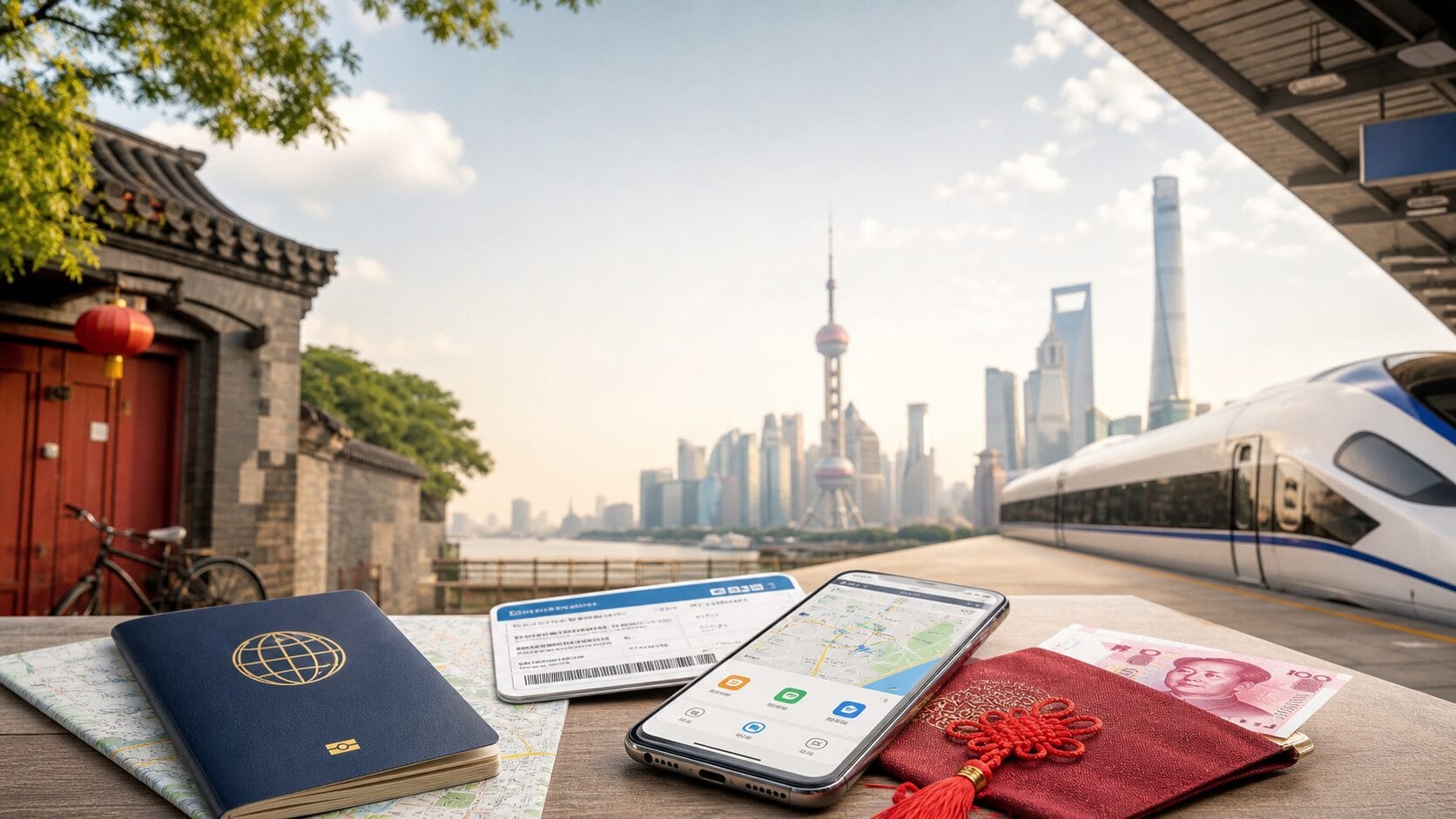 First-time China travel planning essentials with passport, train ticket, phone map, payment setup, and China city backdrop