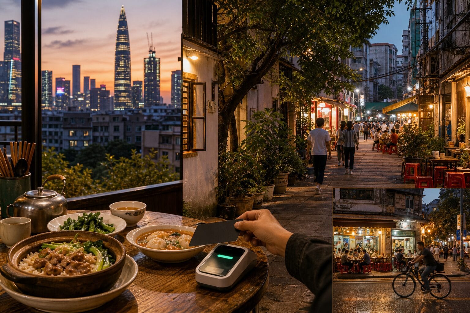 Shenzhen urban village evening street, skyline, local food, and mobile payment