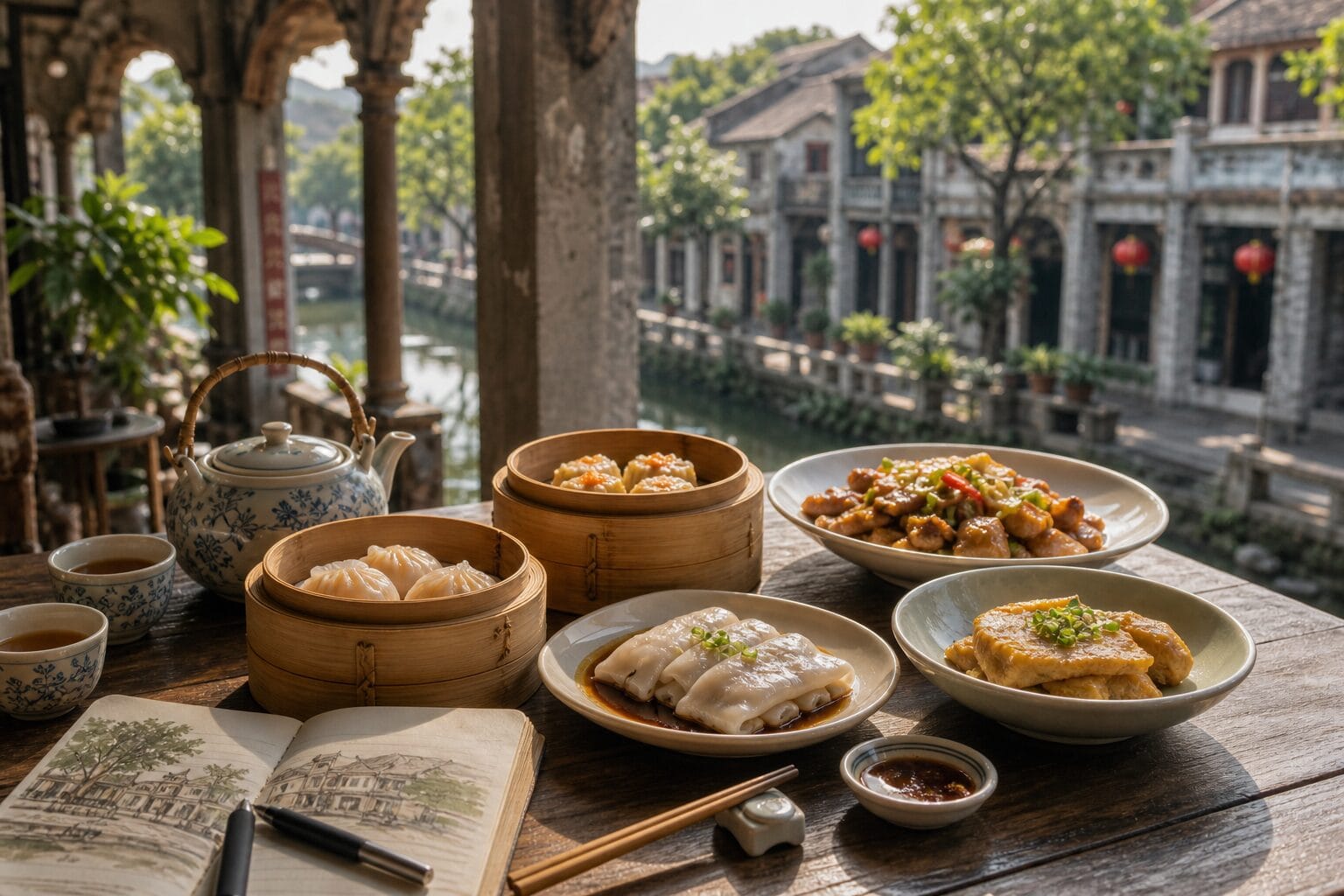 Cantonese dim sum and Shunde dishes beside a Lingnan water-town street