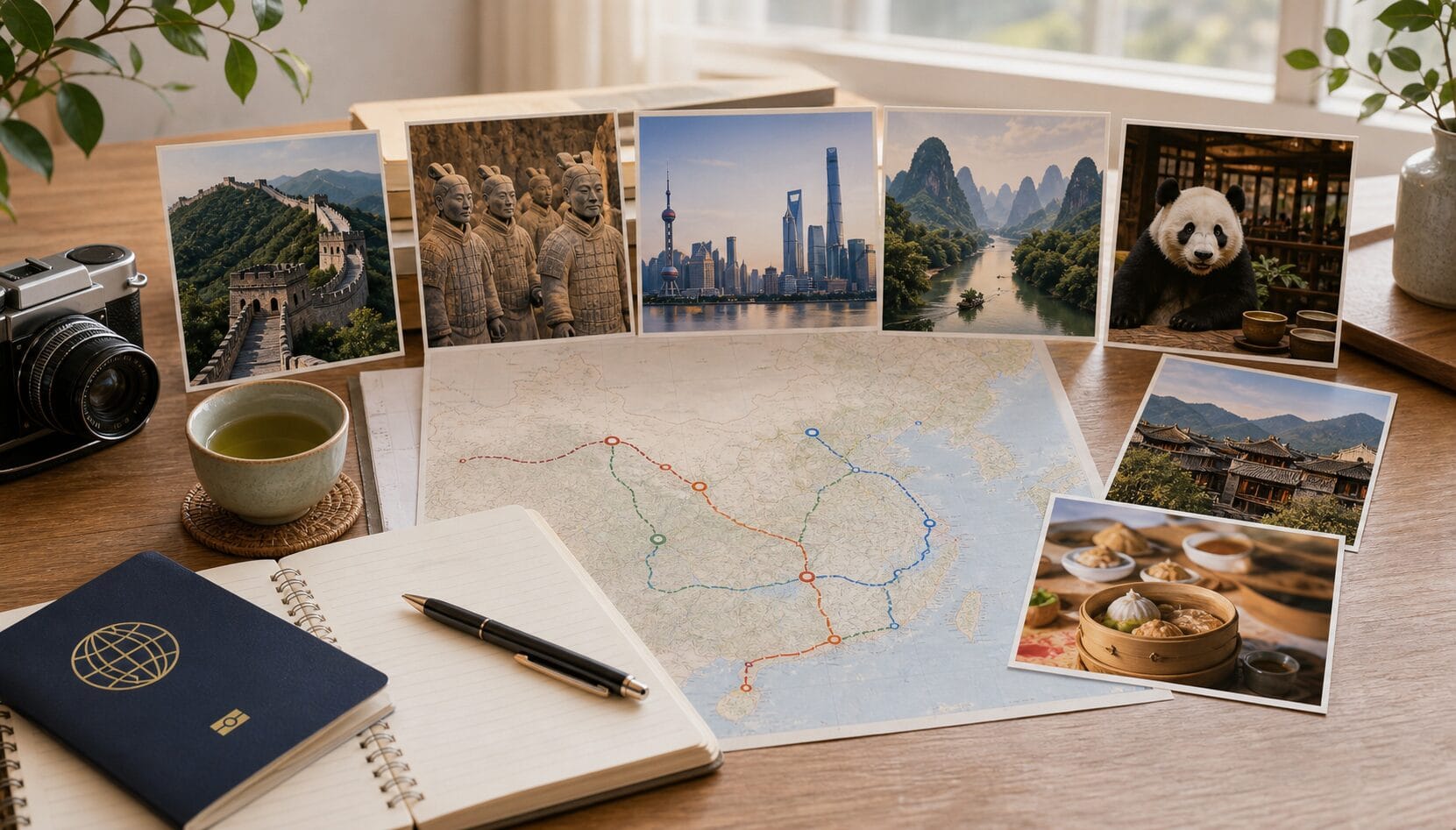 First China trip destination planning with route map, passport, and travel photo cards