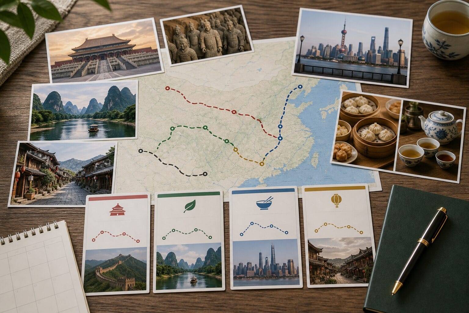 China first trip route planning cards for classic, nature, food, and slow travel routes